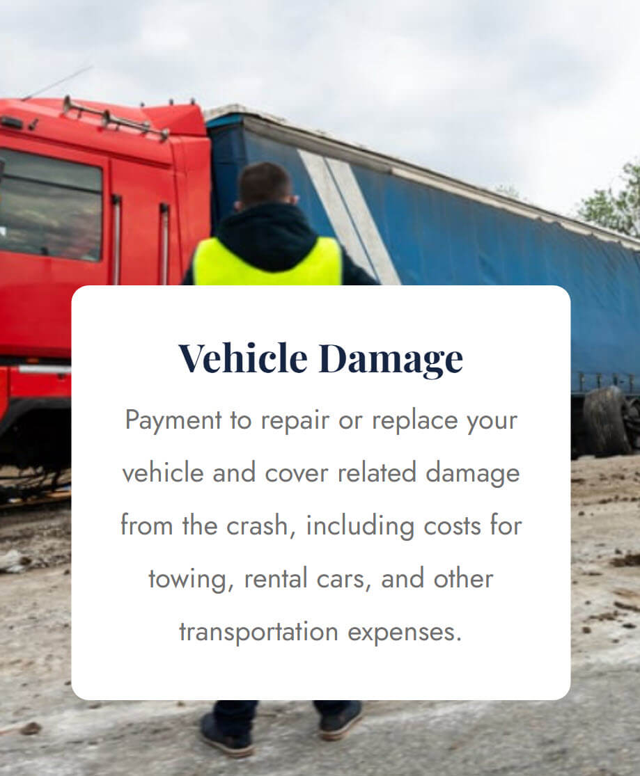 A safety inspector in a yellow vest surveying a red semi-truck with an overturned trailer, representing vehicle damage compensation after a commercial truck accident