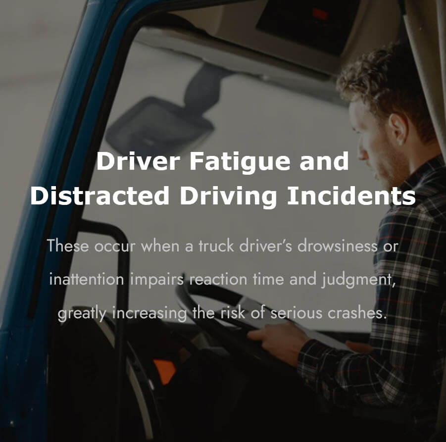 A truck driver looking at his phone while behind the wheel, illustrating the dangers of driver fatigue and distracted driving that cause serious truck accidents.