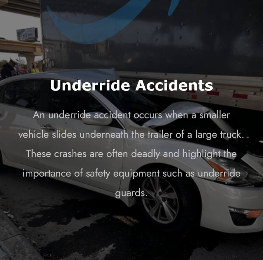 A white sedan with its roof sheared off after sliding underneath a commercial truck trailer, showing the catastrophic damage caused by an underride accident