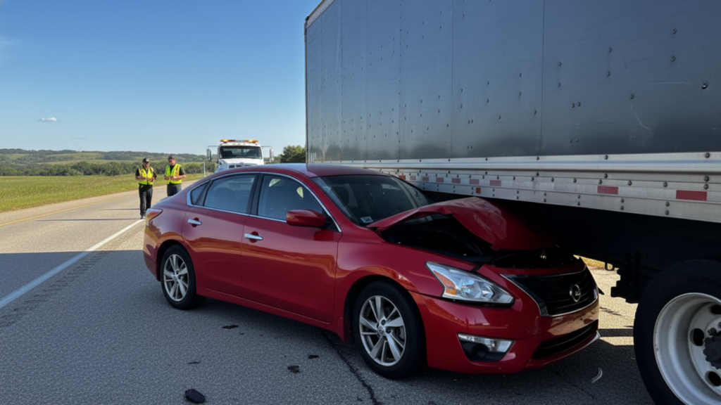 Collision between a car and a commercial truck on the road