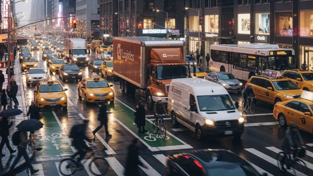 Busy city intersection with delivery trucks, vans, taxis, cyclists, and pedestrians navigating traffic