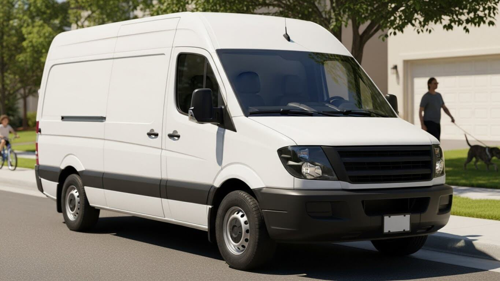White delivery van parked on a suburban street illustrating common delivery vehicle involved in truck and van accidents.