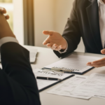 A truck accident lawyer discussing a settlement document with a client across a conference table, reviewing compensation terms after a serious truck crash.