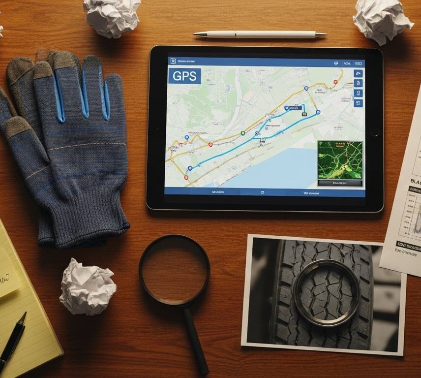 A tablet showing gps route data alongside a tire photo and magnifying glass on a desk, representing evidence gathered in an underride truck accident investigation.