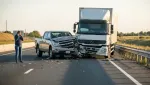 A distressed person standing beside a pickup truck crushed by a commercial truck on a highway, illustrating liability in a commercial truck crash.