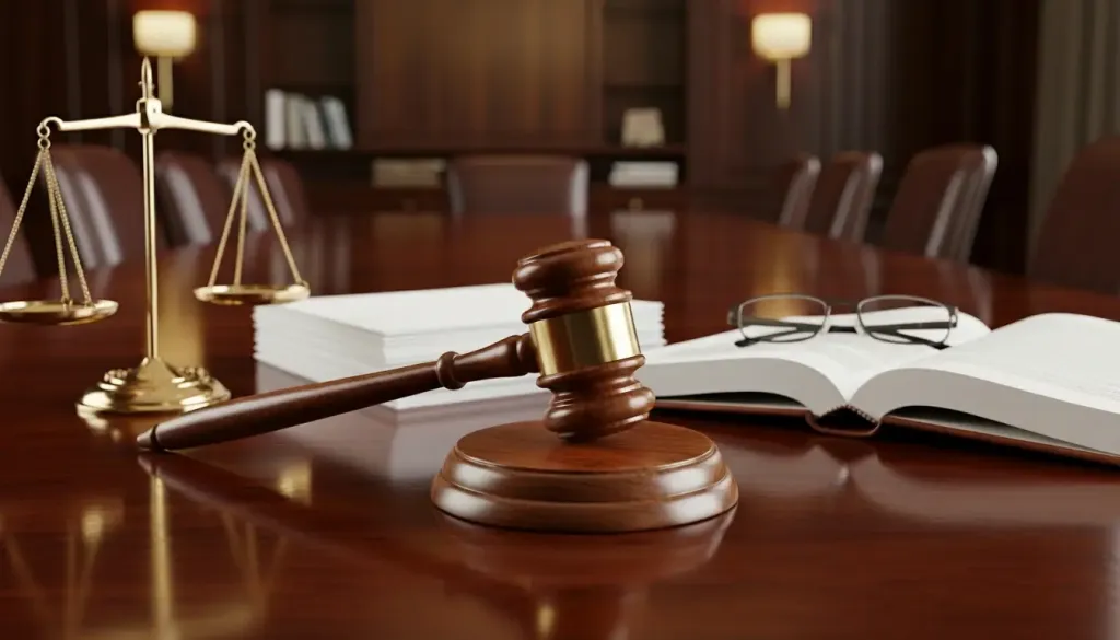 A judge's gavel, scales of justice, and open law book on a courtroom table representing a truck accident legal claim.